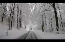 Time Lapse Driving Through A Beautiful Snowy Forest