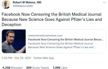 FB cenzuruje The BMJ"..nauka sprzeciwia się kłamstwom i oszustwom firmy Pfizer."