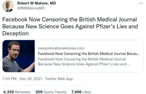 FB cenzuruje The BMJ"..nauka sprzeciwia się kłamstwom i oszustwom firmy Pfizer."