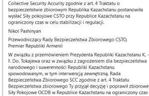 Premier Armenii - ODKB wyśle siły stabilizacyjne do Kazachstanu!