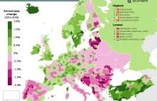Mapa zmian populacyjnych w Europie w latach 2014-2019.