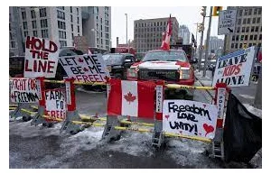 Ottawa: Policja bije protestującego kolbą karabinu na ziemi.