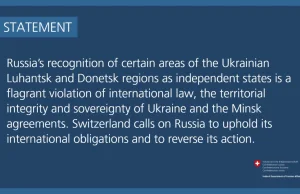 Neutralna Szwajcaria wzywa Rosję do odwrócenia decyzji o uznaniu tzw. "republik"