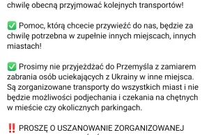 Prosimy wstrzymać się z dowożeniem jakiejkolwiek pomocy do Przemyśla.