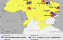 Mapa Ukrainy z zaznaczonymi miejscami w których mogło dojść do zbrodni wojennych