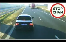 Kierowca BMW wyhamowuje ciężarówkę na autostradzie