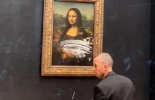 Nagranie] Mona Lisa obrzucona ciastem przez mężczyznę przebranego za...