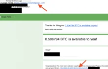 Przychodzi mail: możesz otrzymać 0.506794 Bitcoina. Nadawcą jest Google,...
