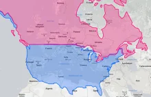 Mapa USA i Kanady, nałożona na Europę.