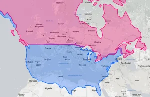 Mapa USA i Kanady, nałożona na Europę.