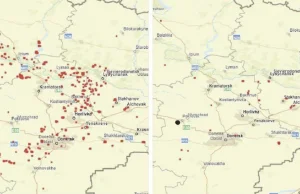Mapa rosyjskiego ostrzału przed i po użyciu wyrzutni HIMARS