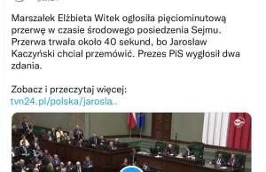 Marszałek sejmu ogłosiła przerwę w posiedzeniu, ale Kaczyński chciał przemówić