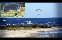 Lądowanie spadochroniarzy na plaży na Westerplatte podczas dość silnego wiatru.