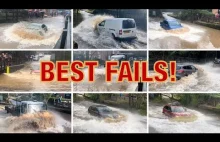 Przejazd aut przez zalaną drogę w UK