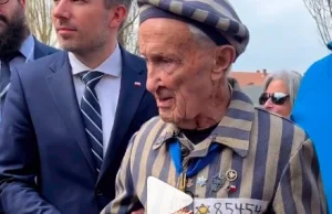 Pan Mosberg, Żyd ocalały z obozu koncentracyjnego, mówi przed kamerami jak było.