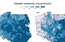 Spadek liczby ślubów kościelnych w Polsce - mapa