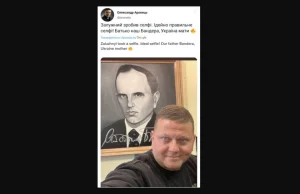 Ukraiński generał Wojsk Lądowych na tle Bandery -"Nasz ojciec Bandera"