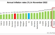 Polska miała szóstą najwyższą inflację 16,1%, według metodologii unijnej