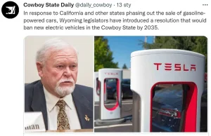 Senatorowie stanu Wyoming domagają się wycofania aut na prąd do 2035 roku