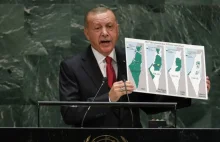 Recep Erdogan prezentuje w ONZ grafikę przedstawiającą ekspansję Izraela