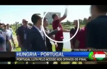 Wściekły Cristiano Ronaldo wyrzuca mikrofon reportera do jeziora.