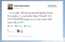 Uwaga na aktualizację Avasta z 5.12.12 - Psuje Windows XP!