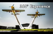 Przelot przez stodołę dwóch samolotów. 360° wideo.