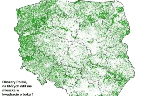 Obszary Polski, na których nikt nie mieszka w kwadracie o boku 1 km