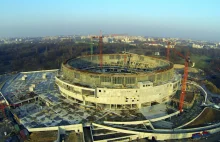 Budowa hali widowiskowo-sportowej w Krakowie z lotu ptaka