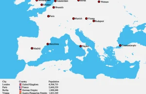mapa największych metropolii wg populacji w 1900