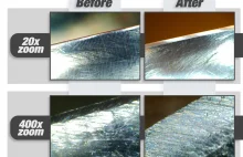 Ostrze noża pod mikroskopem przed i po ostrzeniu
