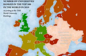 Liczba uniwersytetów w rankingu TOP500 w poszczególnych państwach europejskich.