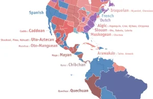 Mapka - z jakiego języka pochodzą nazwy regionów w Amerykach