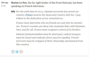 Le Pen: "zamykać meczety, deportować imamów, odbierać islamistom obywatelstwo"