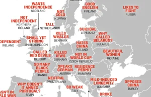 Mapa pokazująca stereotypy na temat krajów Europy jakie mają Chińczycy