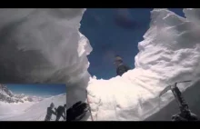 Narciarz wpada w głęboką szczelinę schowaną pod śniegiem