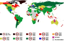 Maksymalny limit prędkości w rożnych krajach na świecie - mapa