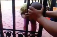 Głowa dziecka utknęła w bramie.
