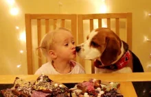 Toddler helps mother to make gingerbread for Christmas