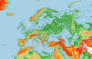 Mapa Europy w przypadku poniesienia poziomu wody o 125 metrów.