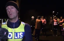 Szwedzka policja eskortuje osoby uprawiające jogging po zmroku.