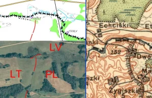 Trójstyk granic Polski, Łotwy i Litwy naniesiony na obecną mapę.