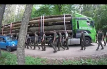 Blokada tira z drewnem wyciętym z Puszczy Białowieskiej