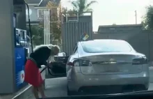 Blondynka próbuje zatankować... elektryczny samochód [wideo]