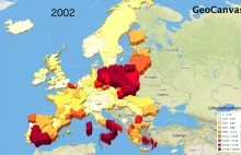 Animowana mapa zmiany poziomu bezrobocia w Europie