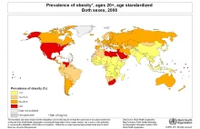 Światowa mapa otyłości (BMI powyżej 30)
