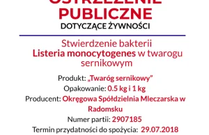 Ostrzeżenie: stwierdzenie bakterii Listeria monocytogenes w twarogu sernikowym