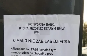 Kartka do kierowcy BMW: "Potworna babo! O mało nie zabiłaś dziecka"