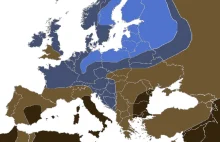 Mapka z procentową ilością osób posiadających jasne oczy (Europa)