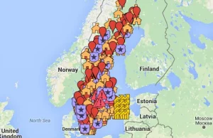 Mapa z incydentami dotyczącymi uchodźców, imigrantów w Szwecji od 2010 roku.